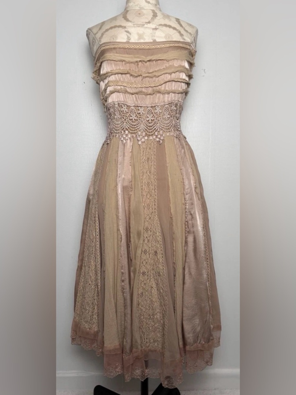 Serena Kay Strapless Silk & Cotton Midi Dress Romantic Boho Balletcore XS/S